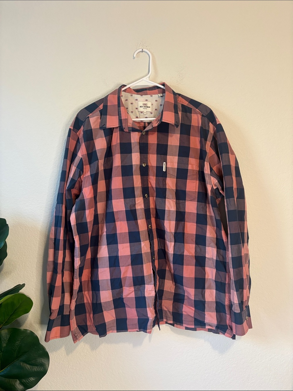 Ben Sherman Pink and Navy Plaid Button-Down Shirt